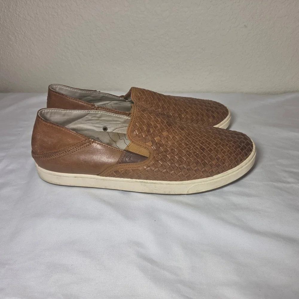 OluKai Kahu Lauhala Mens Fox Leather Woven Slip On Sneakers 10397-FX18 Size 11